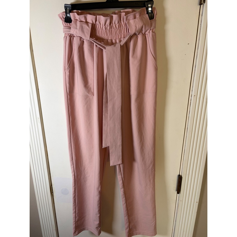 Grace Karin Pink Paperbag Waist Tie Belt Pants Straight Leg Womens Size M
